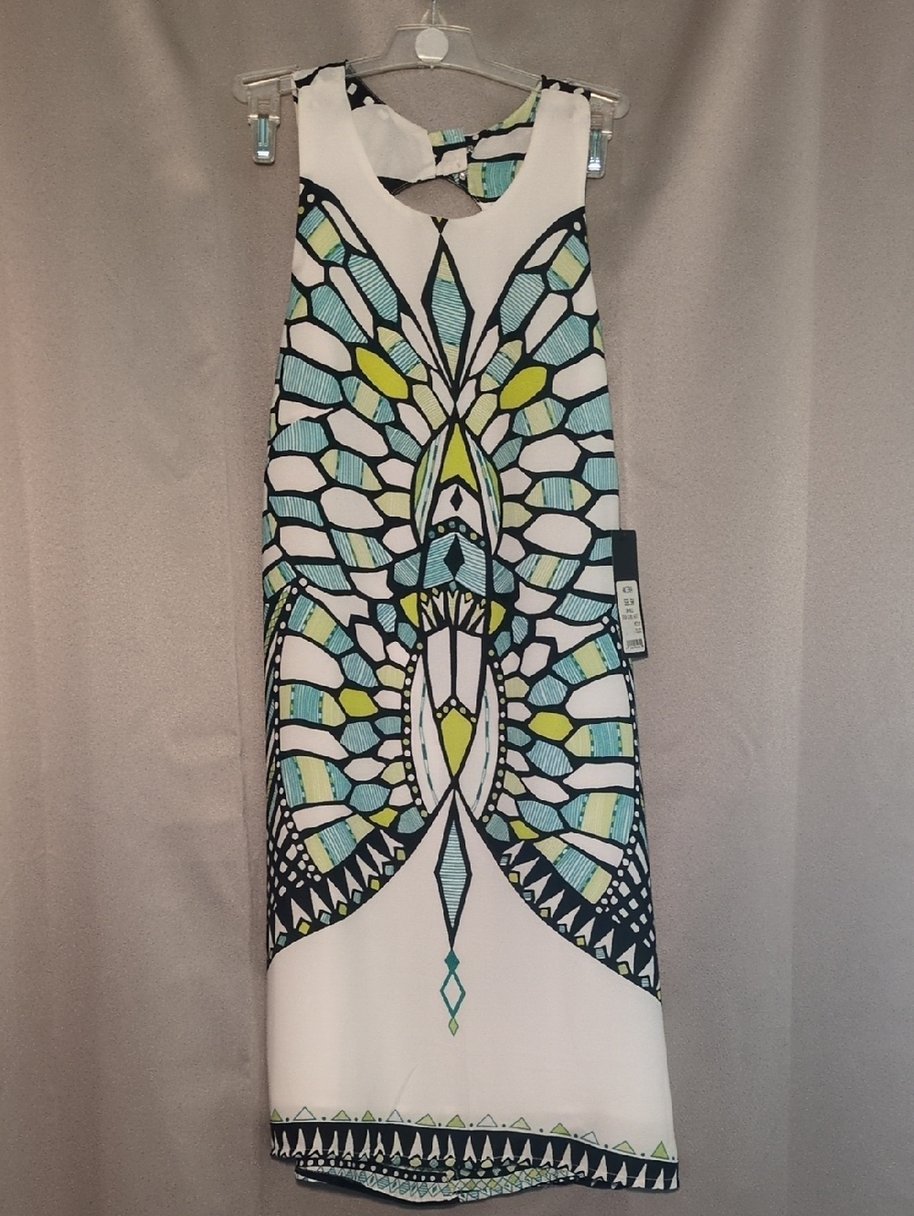 White Geo-Print Midi Dress with Teal & Lime Accents